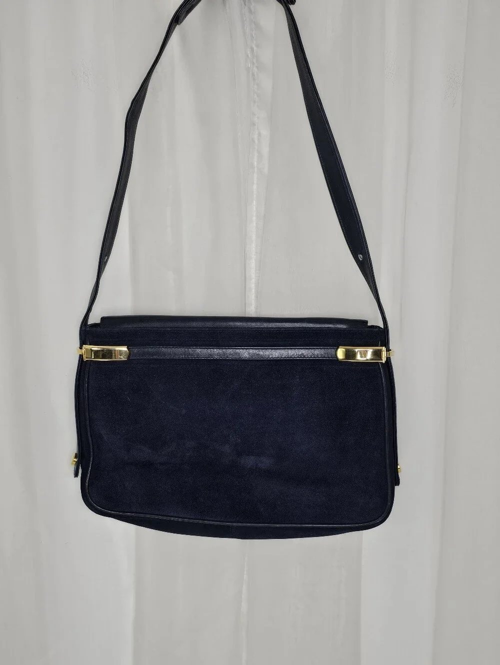 Vintage Neiman Marcus Navy Suede Shoulder Bag Gold Hardware